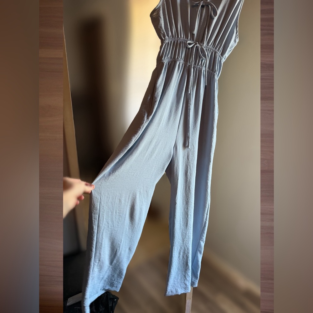 Monteau Los Angeles Beige Tie Front Wide Leg Jumpsuit Size Small Boho Minimalist - Picture 4 of 6